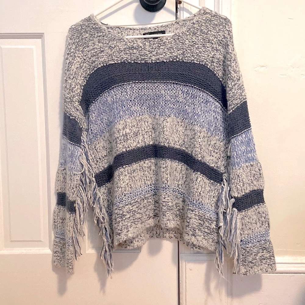 International Concepts Fringe Blue Striped Sweater